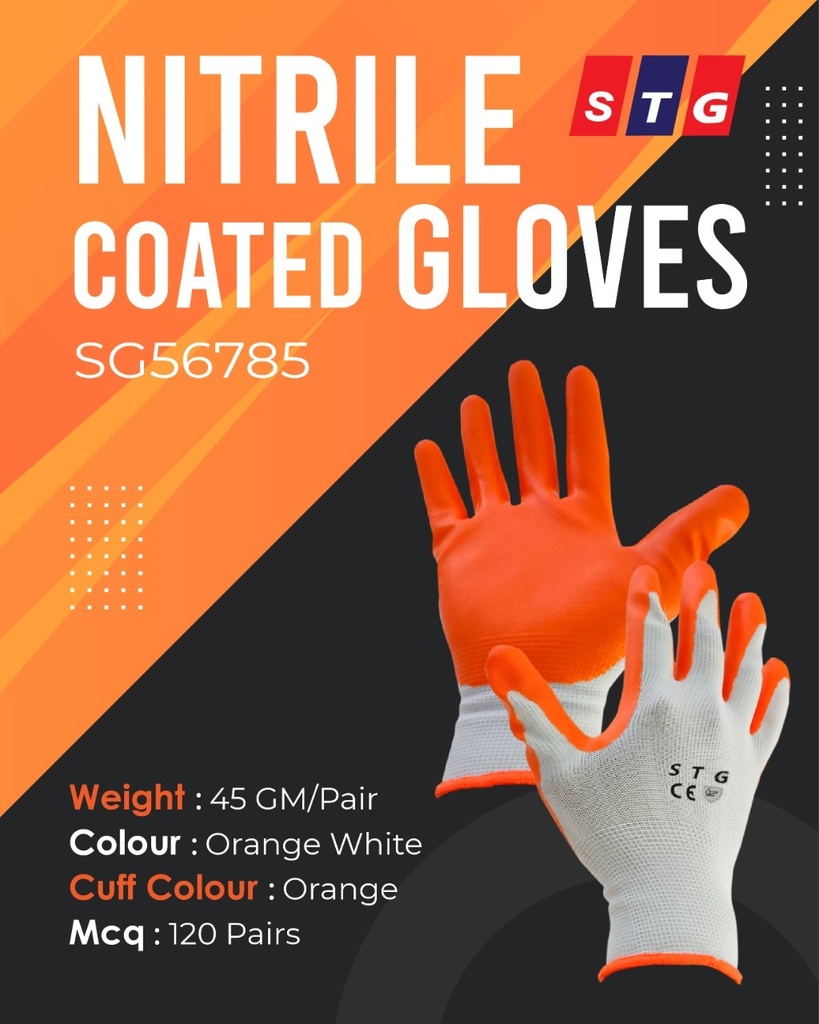 STG EN388 NITRILE GLOVES ORANGE WHITE SG56785